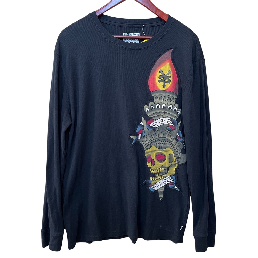 Zoo York Mens XL Black Thermal Shirt Statue of Liberty Skull Tattoo Graphic Tee